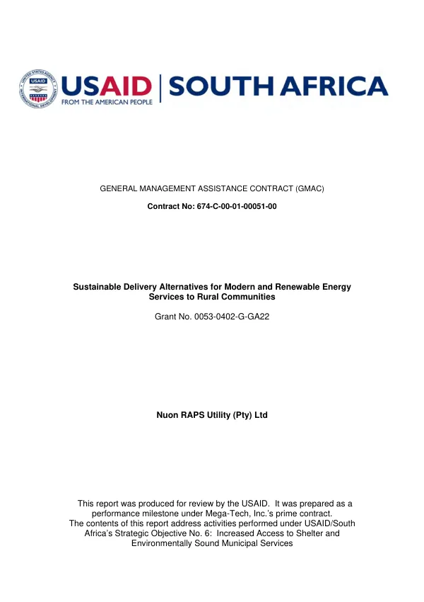 Sustainable delivery alternatives for modern and renewable energy services to rural communities [: final report]