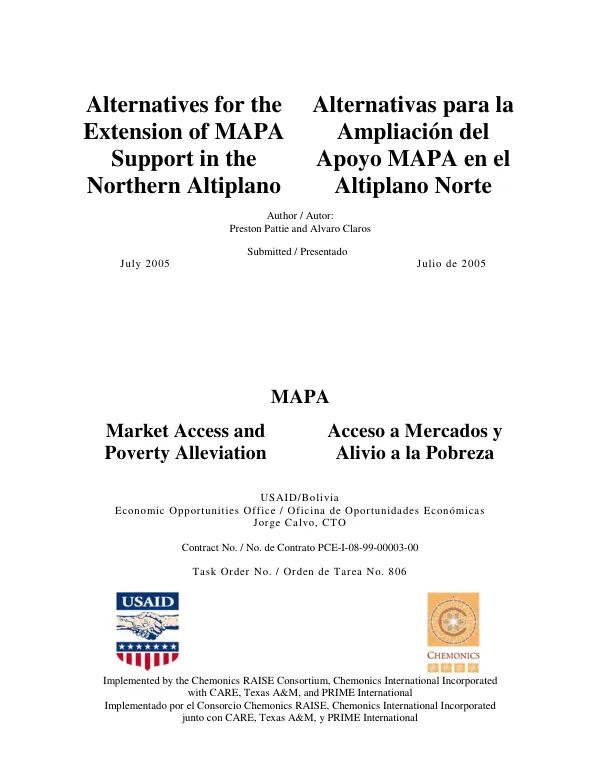 Alternatives for the extension of MAPA support in the Northern Altiplano = Alternativas para la ampliacion del apoyo MAPA en el Altiplano Norde