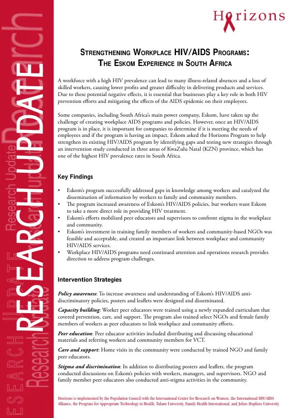 Strengthening workplace HIV/AIDS programs : the Eskom experience in South Africa