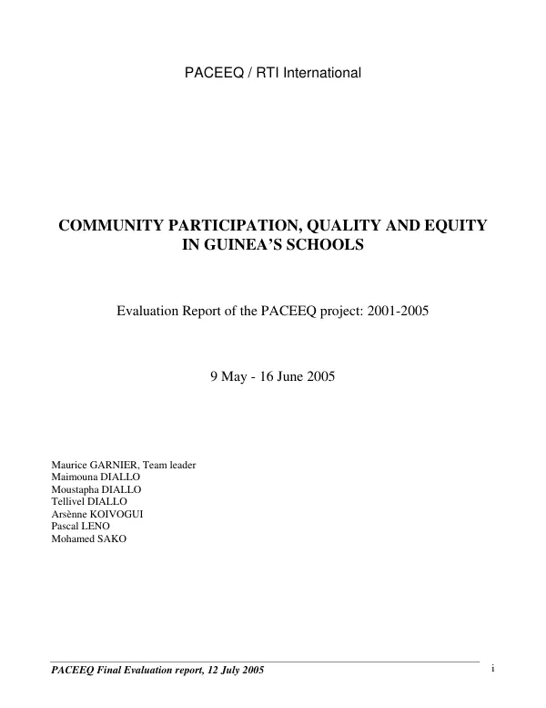 Community participation, quality and equity in Guinea"s schools : evaluation report of the PACEEQ project, 2001-2005 -- 9 May-16 June 2005