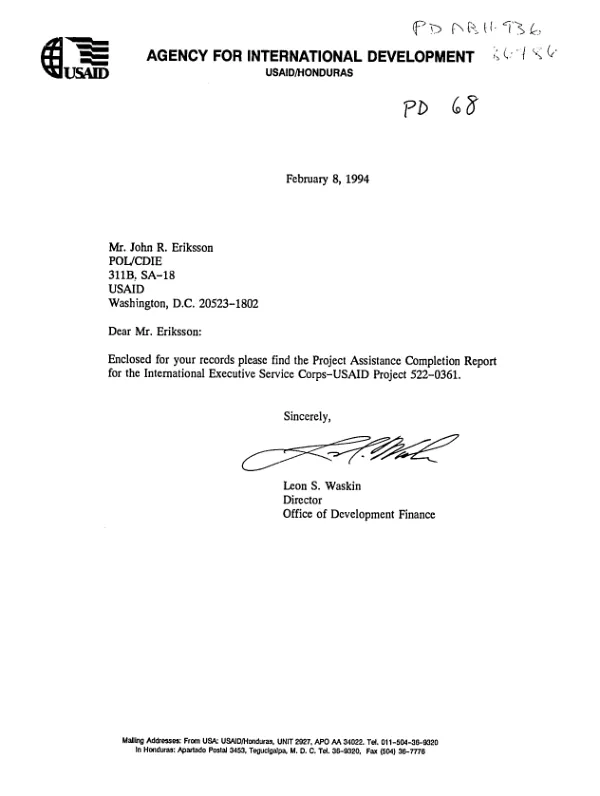 Project assistance completion report : International Executive Service Corps -- USAID project 522-0361