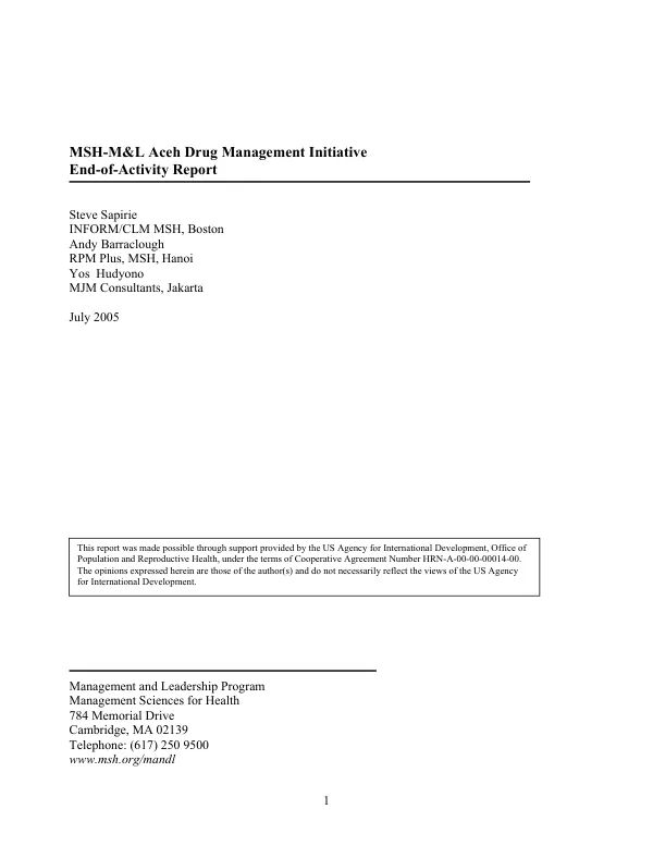 MSH-M&L Aceh drug management initiative : end of activity report