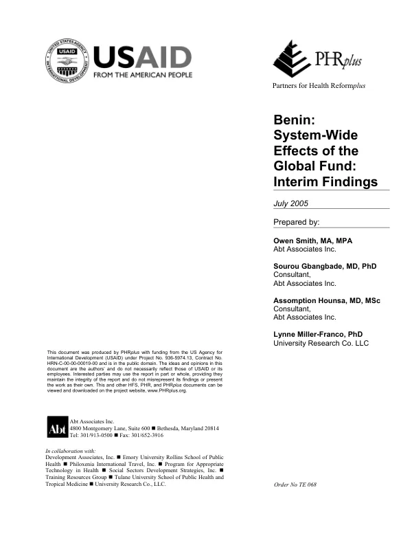 Benin : system-wide effects of the Global Fund -- interim findings