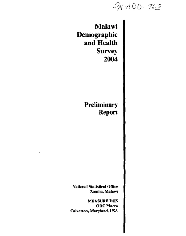 Malawi demographic and health survey 2004 : preliminary report