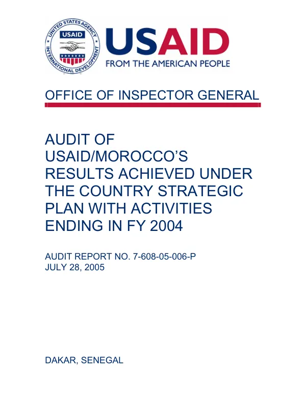 Audit of USAID/Morocco"s results achieved under the country strategic plan with activities ending in FY 2004