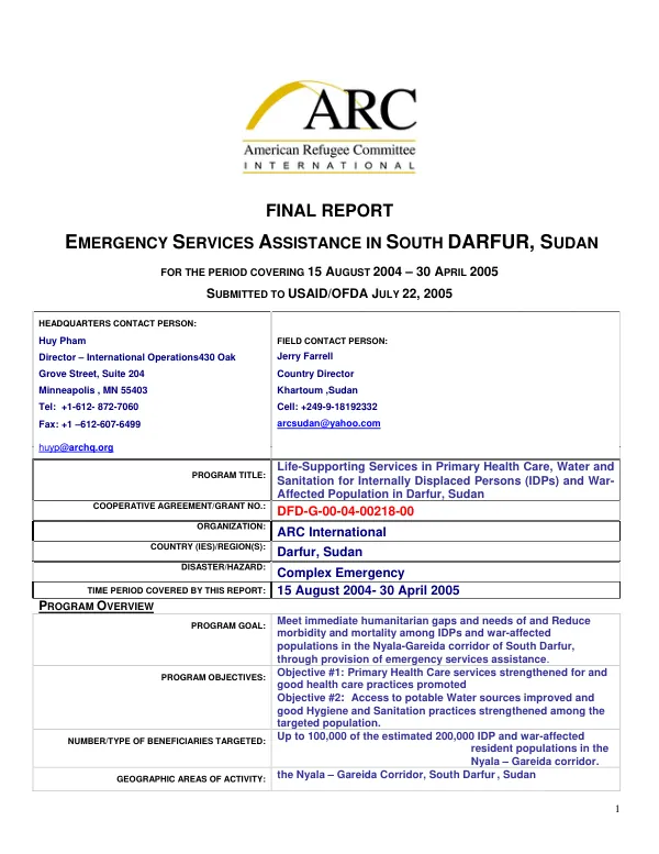 Final report : emergency services assistance in South Darfur, Sudan for the period covering 15 August 2004-30 April 2005