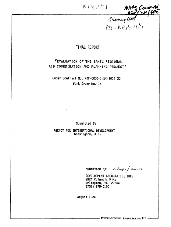Final report -- evaluation of the Sahel regional AID coordination and planning project under contract no. PDC-0000-I-14-3077-00, work order no. 14