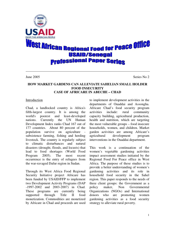 How market gardens can alleviate Sahelian small holder food insecurity : case of Africare in Abeche - Chad