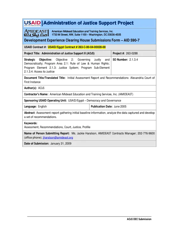Initial assessment report and recommendations : Alexandria court of first instance