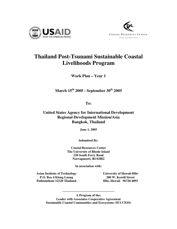 Thailand post-tsunami sustainable coastal livelihoods program : work plan - year 1, March 15th 2005-September 30th 2005