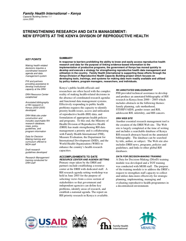 Strengthening research and data management : new efforts at the Kenya Division of Reproductive Health