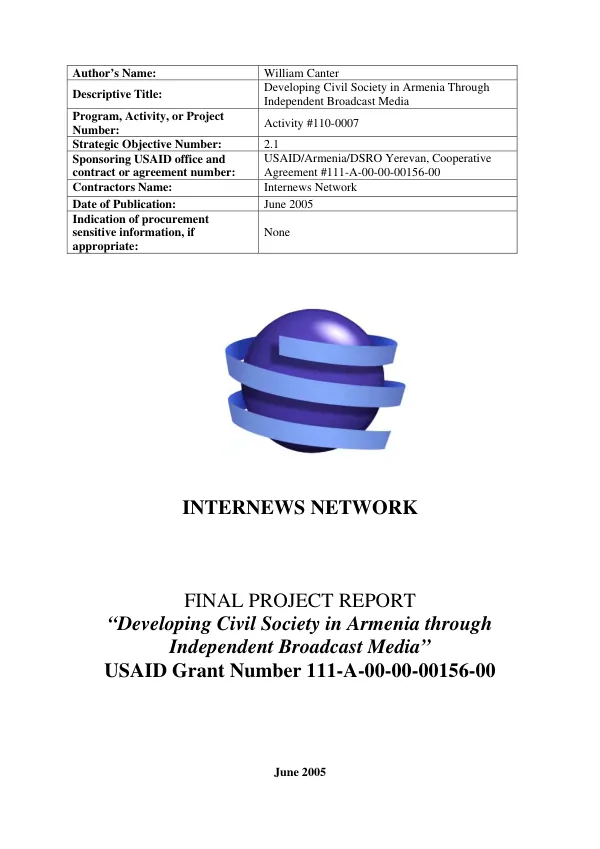 Final project report : "developing civil society in Armenia through independent broadcast media" -- USAID grant number 111-A-00-00-00156-00