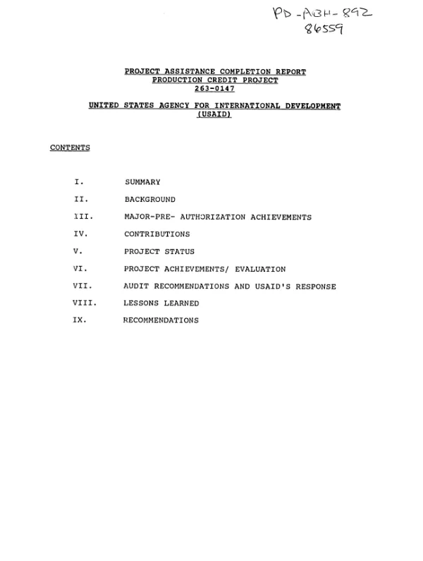 Project assistance completion report (PACR) : production credit project (263-0147)