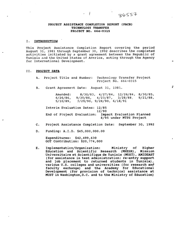 Project assistance completion report (PACR) : technology transfer, project no. 664-0315