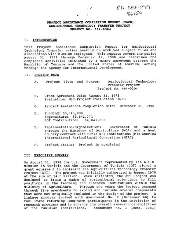 Project assistance completion report (PACR) : agricultural technology transfer project, project no. 664-0304