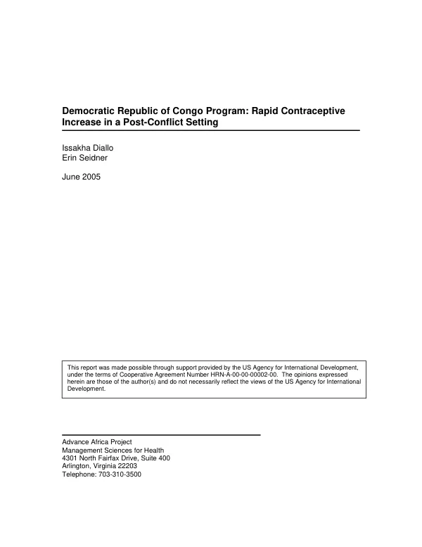 DR Congo program : rapid contraceptive increase in a post-conflict setting -- integrating services through local partners, 2003-2005 : end of project report