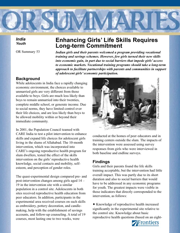 Enhancing girls" life skills requires long-term commitment