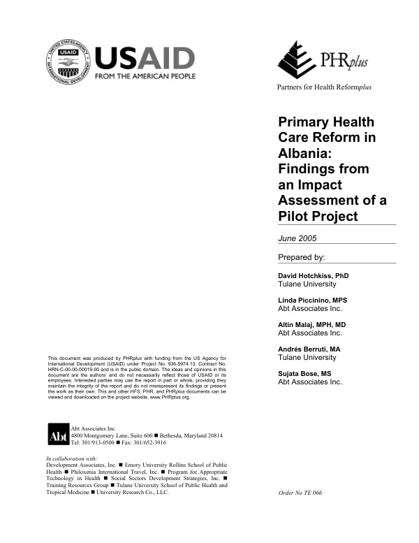 Primary health care reform in Albania : findings from an impact assessment of a pilot project