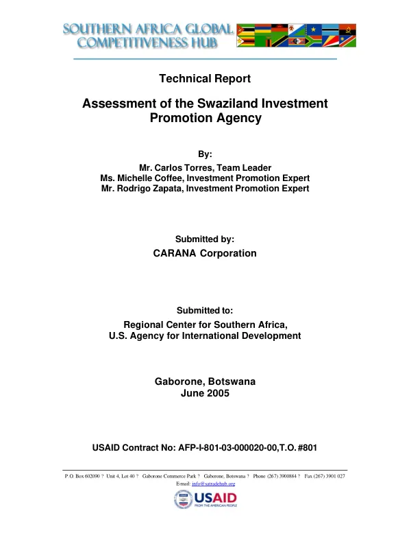 Technical report : assessment of the Swaziland Investment Promotion Agency
