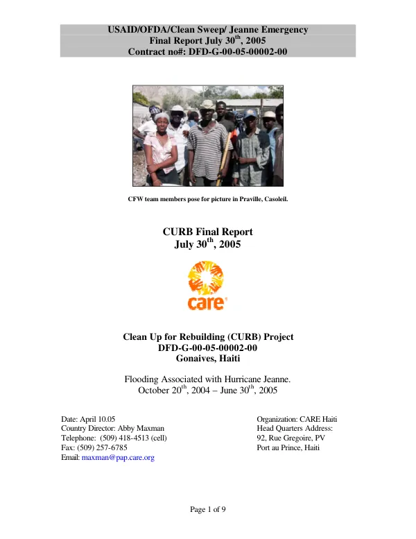 USAID/OFDA/clean sweep/Jeanne emergency : final report July 30th, 2005 -- contract no. DFD-G-00-05-00002-00