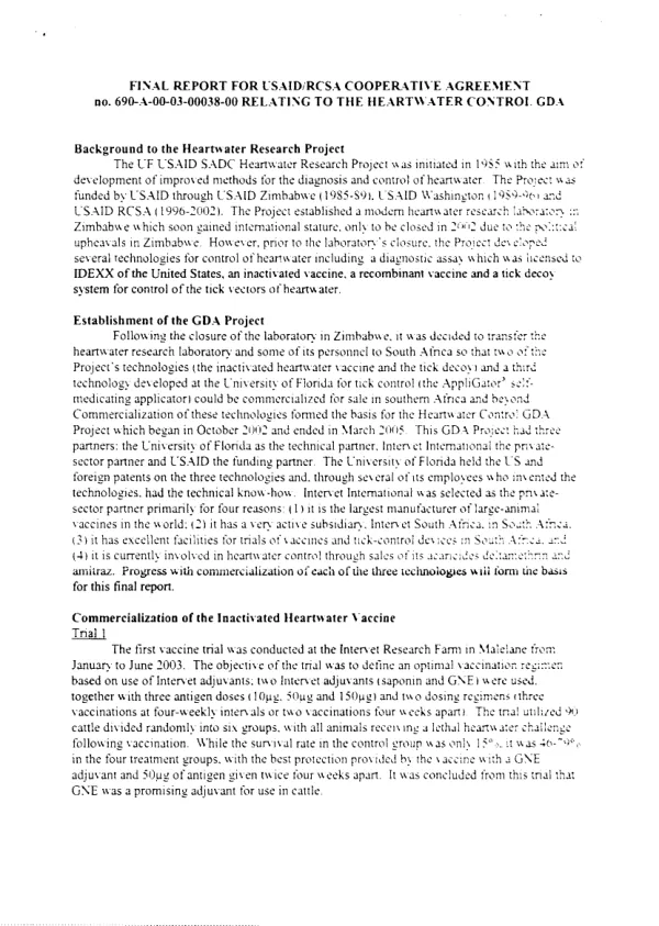 Final report for USAID/RCSA cooperative agreement no. 690-A-00-03-00038-00 relating to the heartwater control GDA