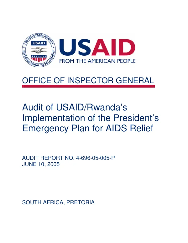 Audit of USAId/Rwanda"s implementation of the President"s emergency plan for AIDS relief