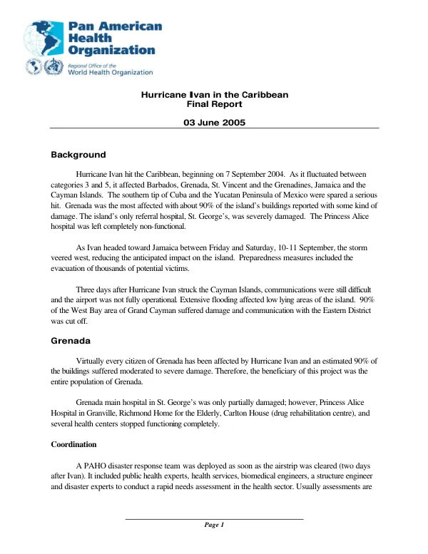 Hurricane Ivan in the Caribbean : final report
