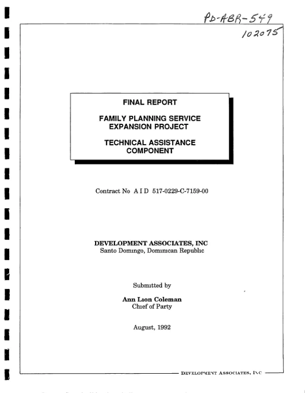 Final report : family planning service expansion project -- technical assistance component