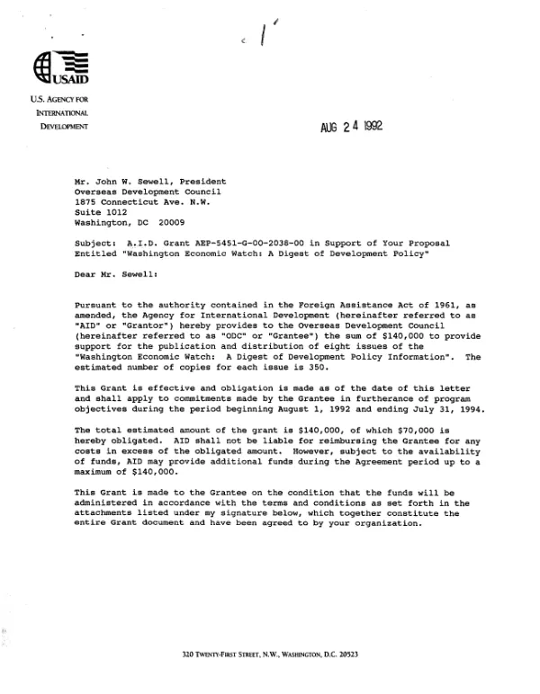 USAID grant no. AEP-5451-G-00-2038-00 to the Overseas Development Council to support publication of the Washington Economic Watch, a digest of development policy