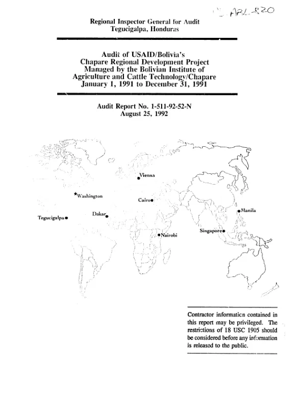 Audit of USAID/Bolivia"s Chapare regional development project managed by the Bolivian Institute of Agriculture and Cattle Technology/Chapare, January 1, 1991 to December 31, 1991
