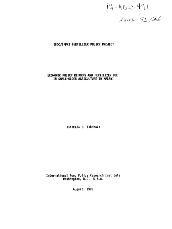 IFDC/IFPRI fertilizer policy project : economic policy reforms and fertilizer use in smallholder agriculture in Malawi