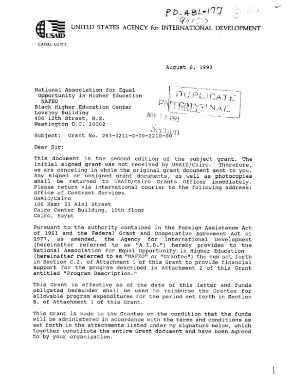 AID grant no. 263-0211-G-00-2210-00 to the National Association for Equal Opportunity in Higher Education (NAFEO) to coordinate and perform the locator/facilitator function for linkage grants under the Historically Black Colleges and Universities (HBCUs) of the university linkages II project (ULP/II)