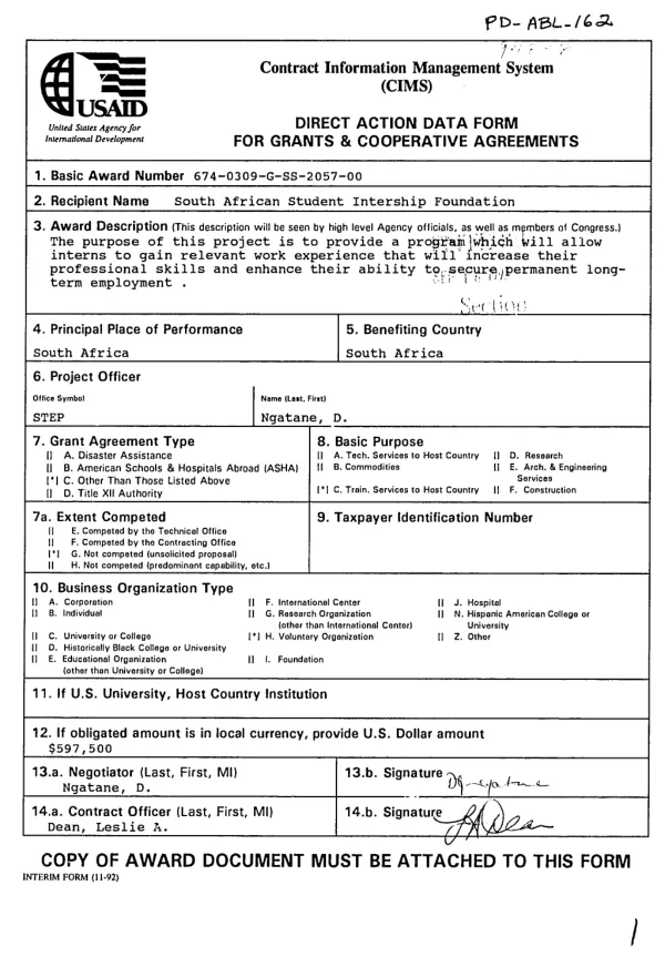 AID grant agreement no. 674-0309-G-SS-2057-00 to the South African Student Internship Foundation (SASIF) to provide South African graduates with work experience