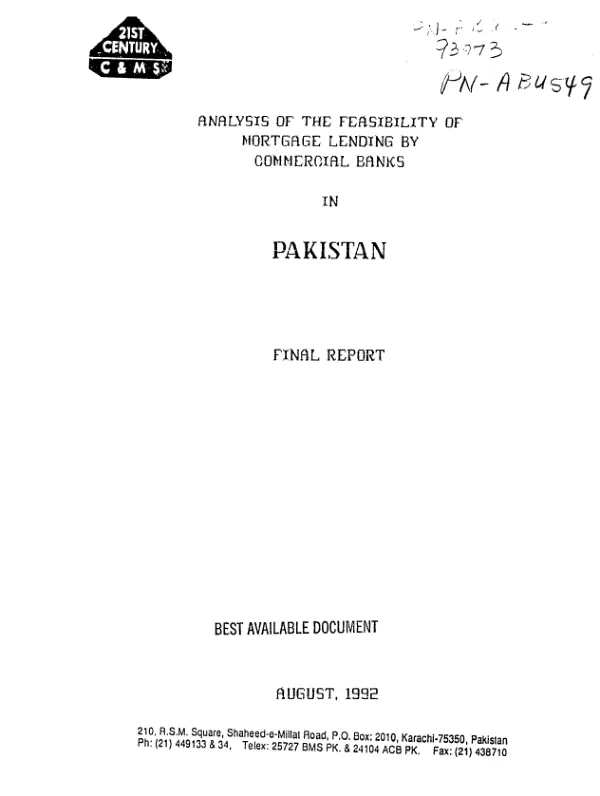 Analysis of the feasibility of mortgage lending by commercial banks in Pakistan : final report