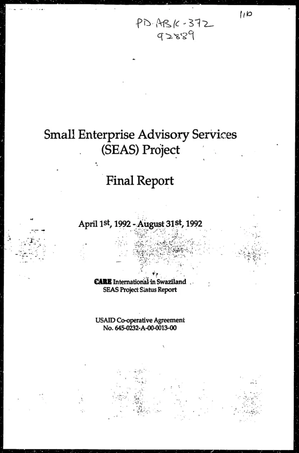 Small enterprise advisory services (SEAS) project : final report -- April 1st, 1992-August 31st, 1992