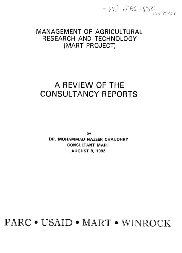 Management of agricultural research and technology (MART) project : a review of the consultancy reports
