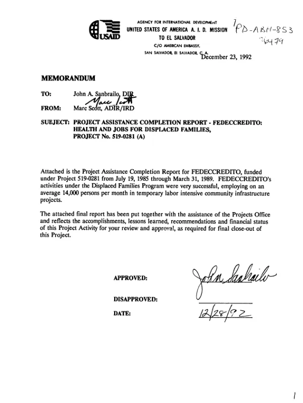 Project assistance completion report : FEDECCREDITO -- health and jobs for displaced families, project no. 519-0281