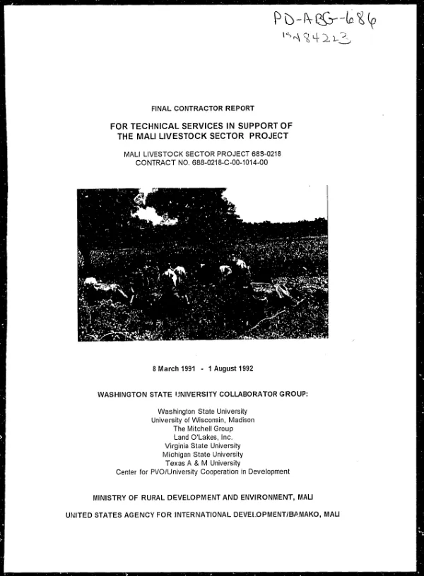 Final contractor report for technical services in support of the Mali livestock sector project -- 8 March 1991-1 August 1992