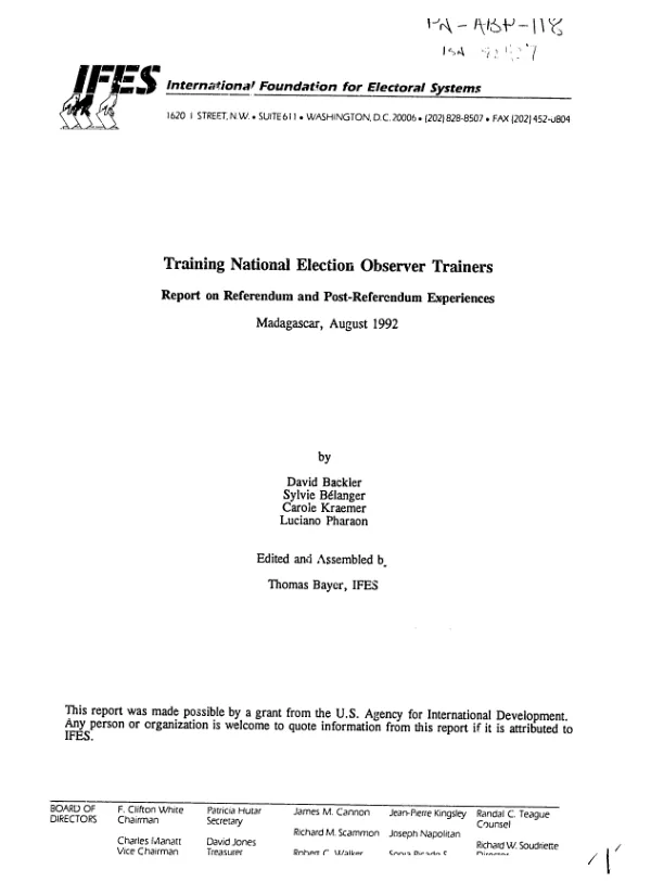 Training national election observer trainers : report on referendum and post-referendum experiences -- Madagascar, August 1992