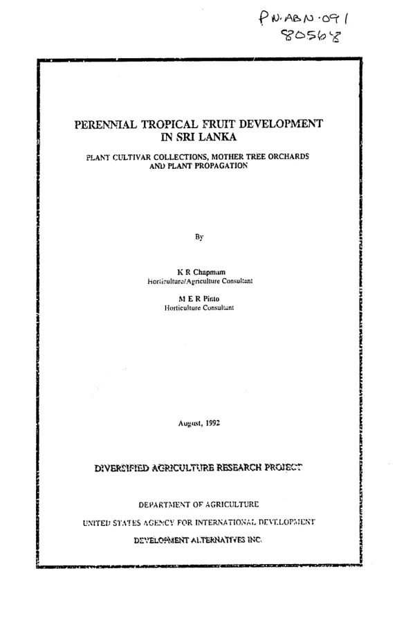 Perennial tropical fruit development in Sri Lanka : plant cultivar collections, mother tree orchards and plant propagation