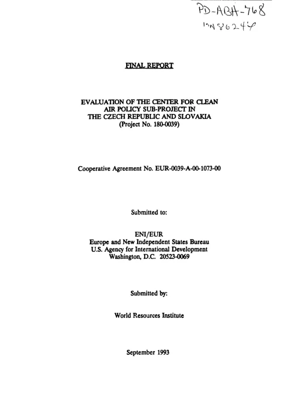 Evaluation of the Center for Clean Air Policy sub-project in the Czech Republic and Slovakia (project no. 180-0039)