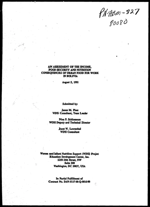 Assessment of the income, food security and nutrition consequences of urban food for work in Bolivia