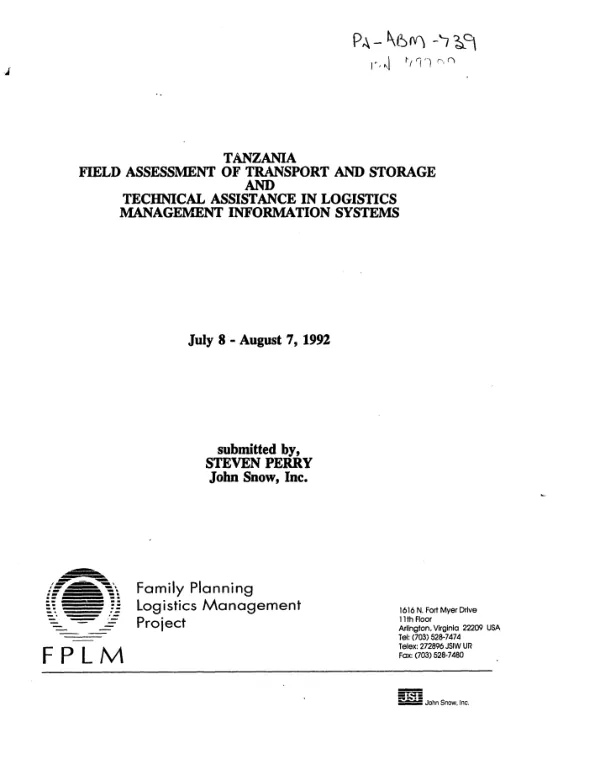 Tanzania field assessment of transport and storage, and technical assistance in logistics management information systems -- July 8-August 7, 1992