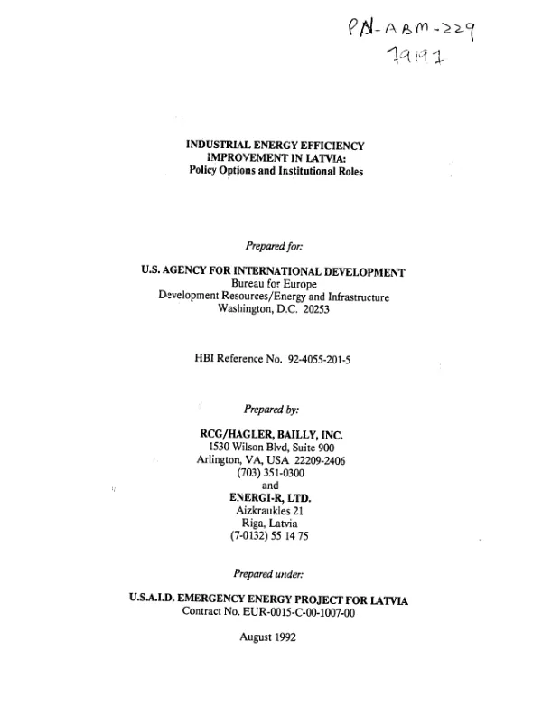 Industrial energy efficiency improvement in Latvia : policy options and institutional roles