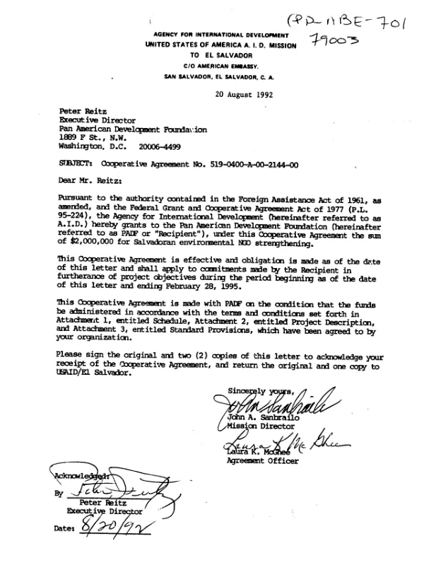 AID cooperative agreement no. 519-0400-A-00-2144-00 with the Pan American Development Foundation for Salvadoran environmental NGO strengthening