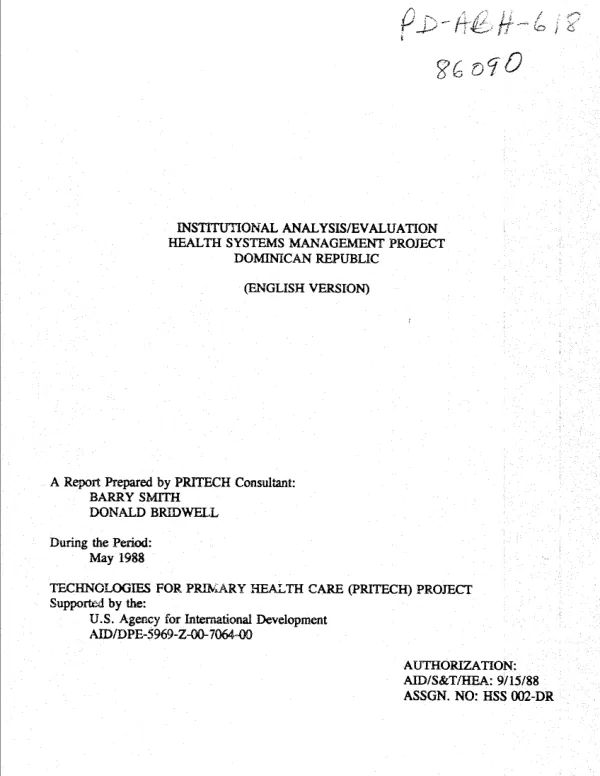 Institutional analysis/evaluation : health systems management project, Dominican Republic [English version]