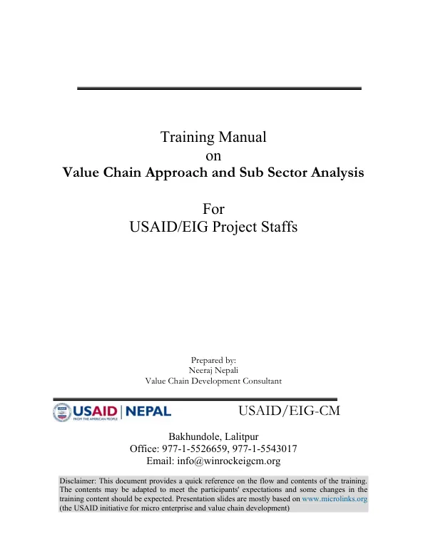 Training manual on value chain approach and sub sector analysis for USAID/EIG project staffs