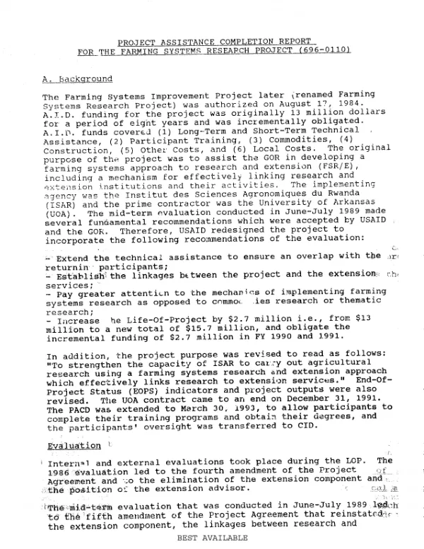 Project assistance completion report for farming systems research project (696-0110)