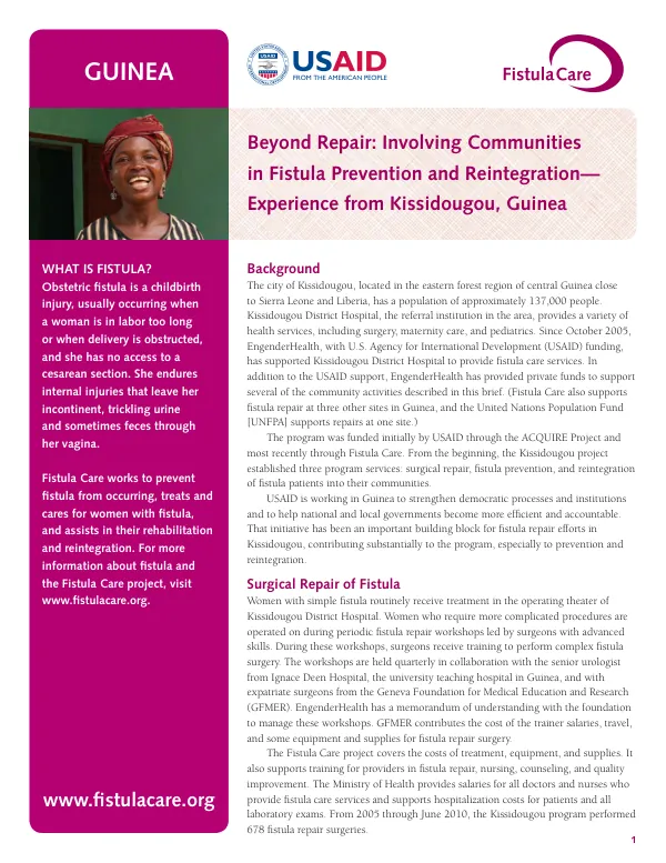 Beyond repair : involving communities in fistula prevention and reintegration -- experience from Kissidougou, Guinea