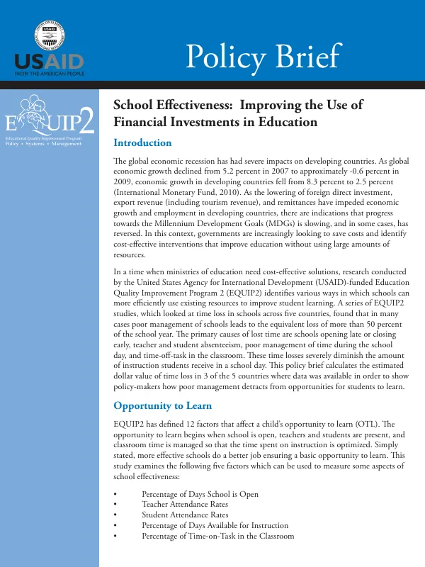 School effectiveness : improving the use of financial investments in education
